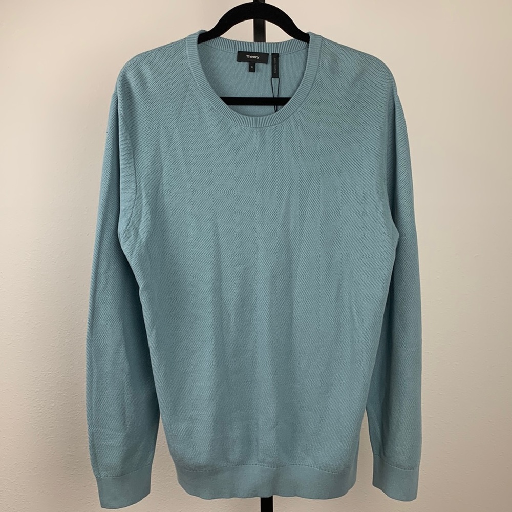 NWT Theory Riland Pique Crew Sweater in Poseidon Breach Light Blue, Sz XL